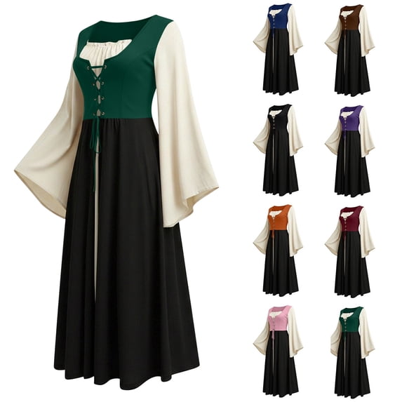 Chiccall Womens's Medieval Renaissance Costume Maxi Dress Halloween Long Sleeve Flare Halloween Witch Gothic Co Dresses for Party