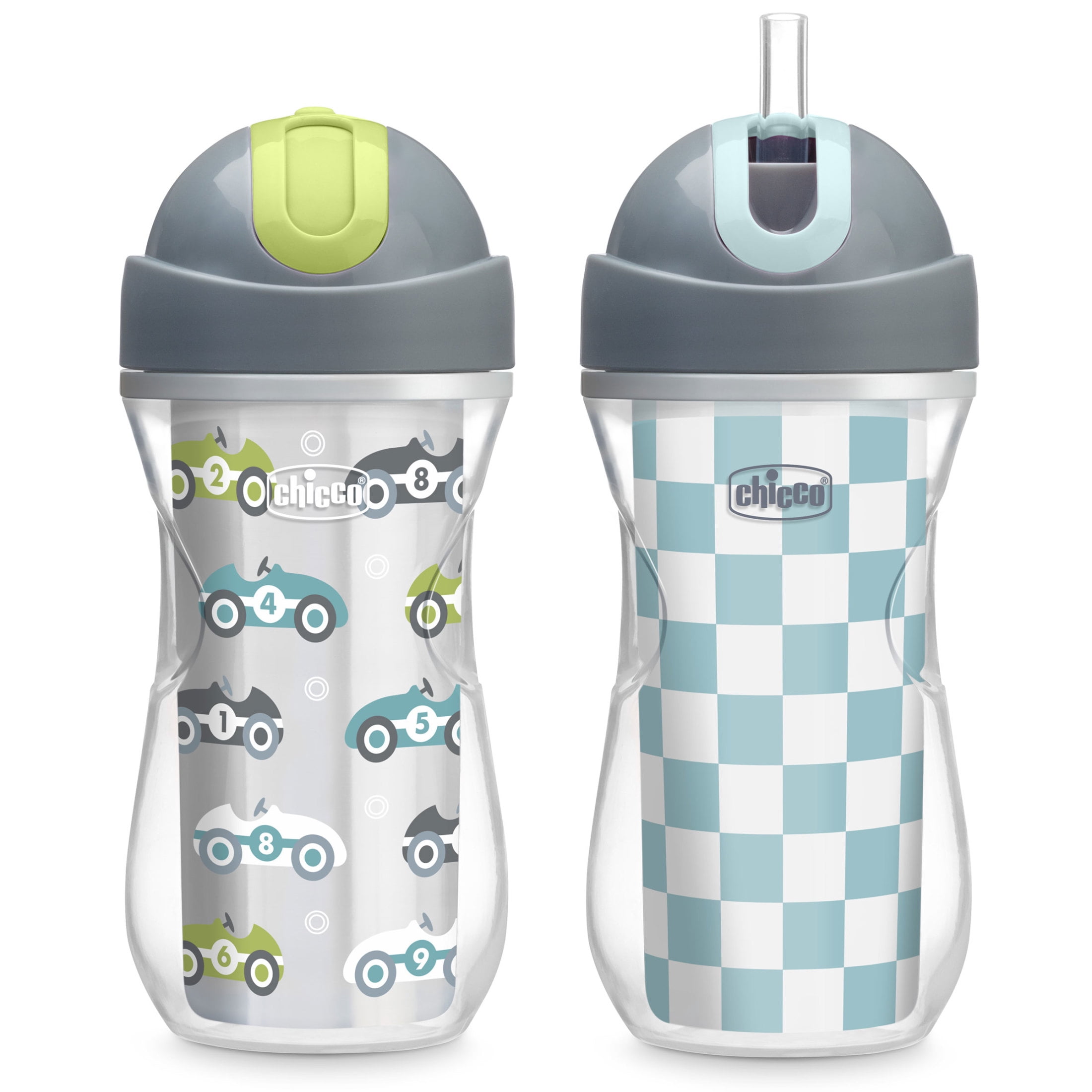 Chicco 9oz. Flip-Top Straw Trainer with Soft Silicone Straw and Double-Wall Insulation, 12m+, 2-Pack - Cars/Checker, New