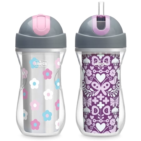 Chicco 9oz. Flip-Top Straw Trainer with Soft Silicone Straw and Double-Wall Insulation, 12m+, 2-Pack - Floral/Purple, New