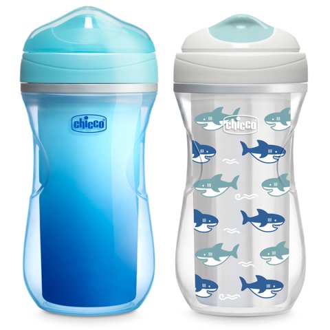 Chicco 9oz. Insulated Rim Trainer with Bite-Resistant Spout and Double-Wall Insulation, 12m+, 2-Pack - Blue/Sharks, New