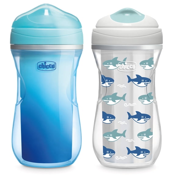 Chicco 9oz. Insulated Rim Trainer with Bite-Resistant Spout and Double-Wall Insulation, 12m+, 2-Pack - Blue/Sharks