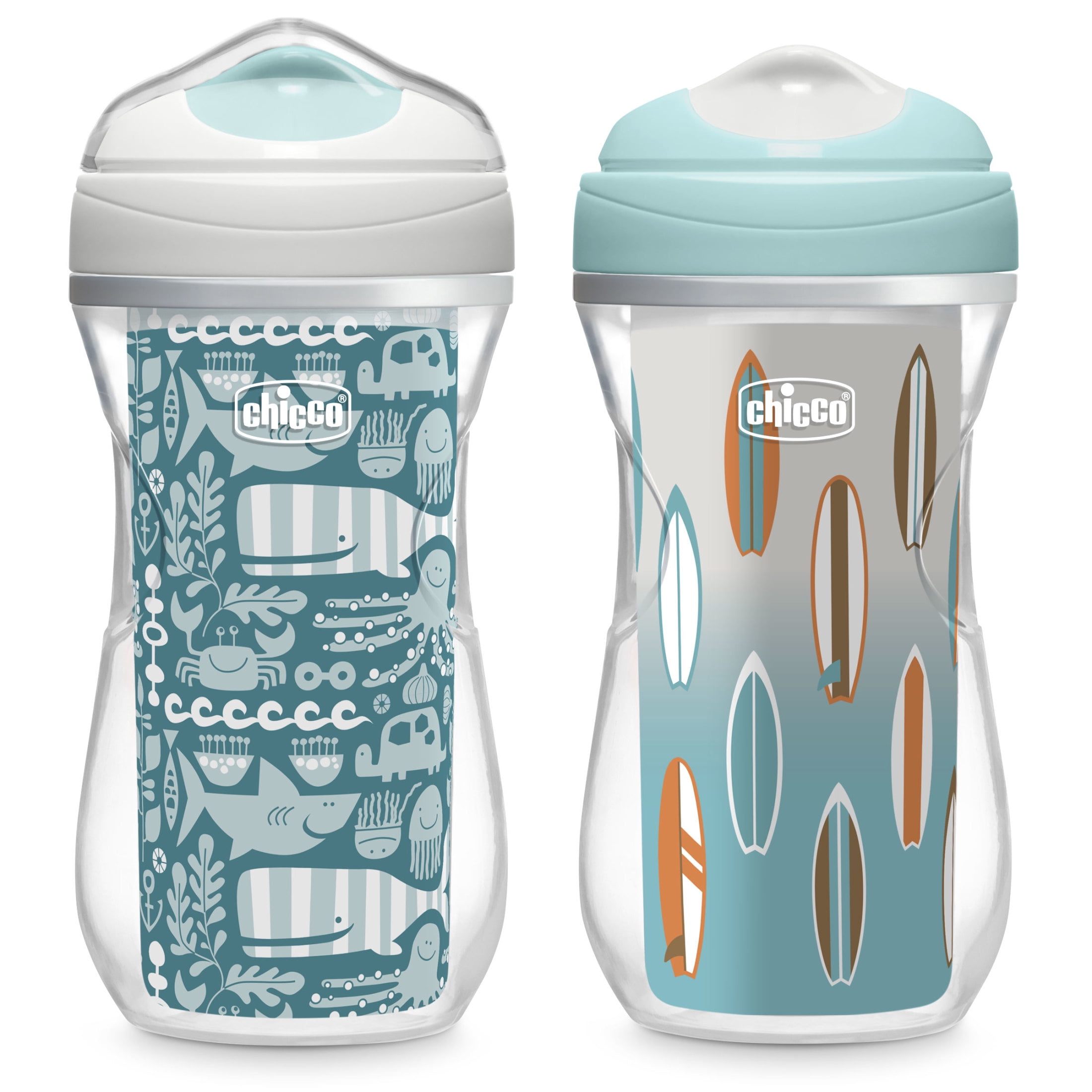 Chicco 9oz. Insulated Rim Trainer with Bite-Resistant Spout and Double-Wall Insulation, 12m+, 2-Pack - Ocean Print/Surf, New