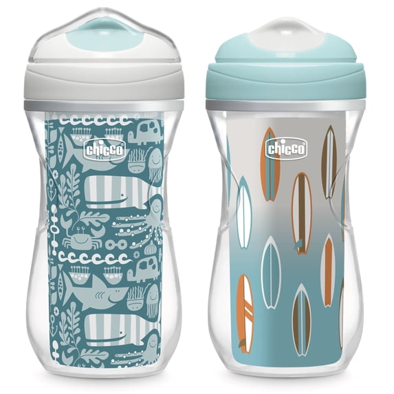 Chicco 9oz. Insulated Rim Trainer with Bite-Resistant Spout and Double-Wall Insulation, 12m+, 2-Pack - Ocean Print/Surf
