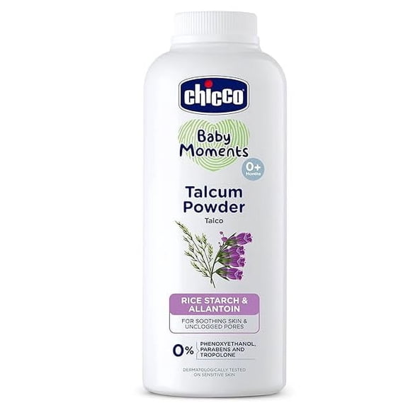 Chicco Baby Moments Talcum Powder With Natural Ingredients, Soothes & Moisturises Baby S Skin, Dermatologically Tested, Paraben Free, Phenoxyethanol Free 0M+ (Pack Of 300 Gm),White..