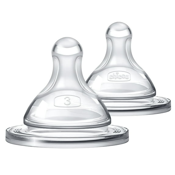 Chicco Duo 100% Silicone Intui-Latch Baby Bottle Nipple with Anti-Colic Valve, Skin-Like Texture and Breast-Like Flow, Stage 3 - Fast Flow, 2pk, 6+ Months  - Clear, New