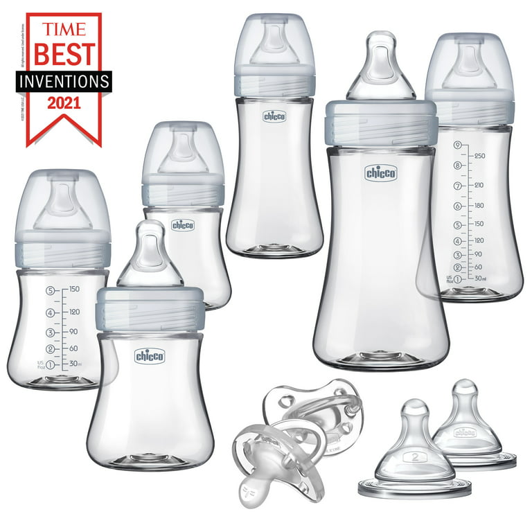 Chicco Duo Deluxe Hybrid Baby Bottle Gift Set with Invinci-Glass Inside/Plastic Outside in Clear/Grey