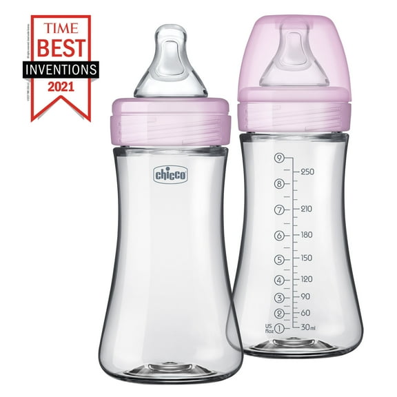 Chicco Duo Hybrid Baby Bottle, Invinci-Glass Inside/Plastic Outside, 9oz, 2-Pack - Pink, New