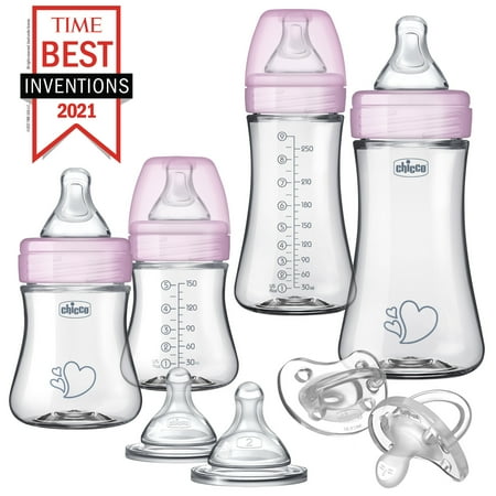 Chicco Duo Newborn Hybrid Baby Bottle Gift Set with Invinci-Glass Inside/Plastic Outside - Pink, New