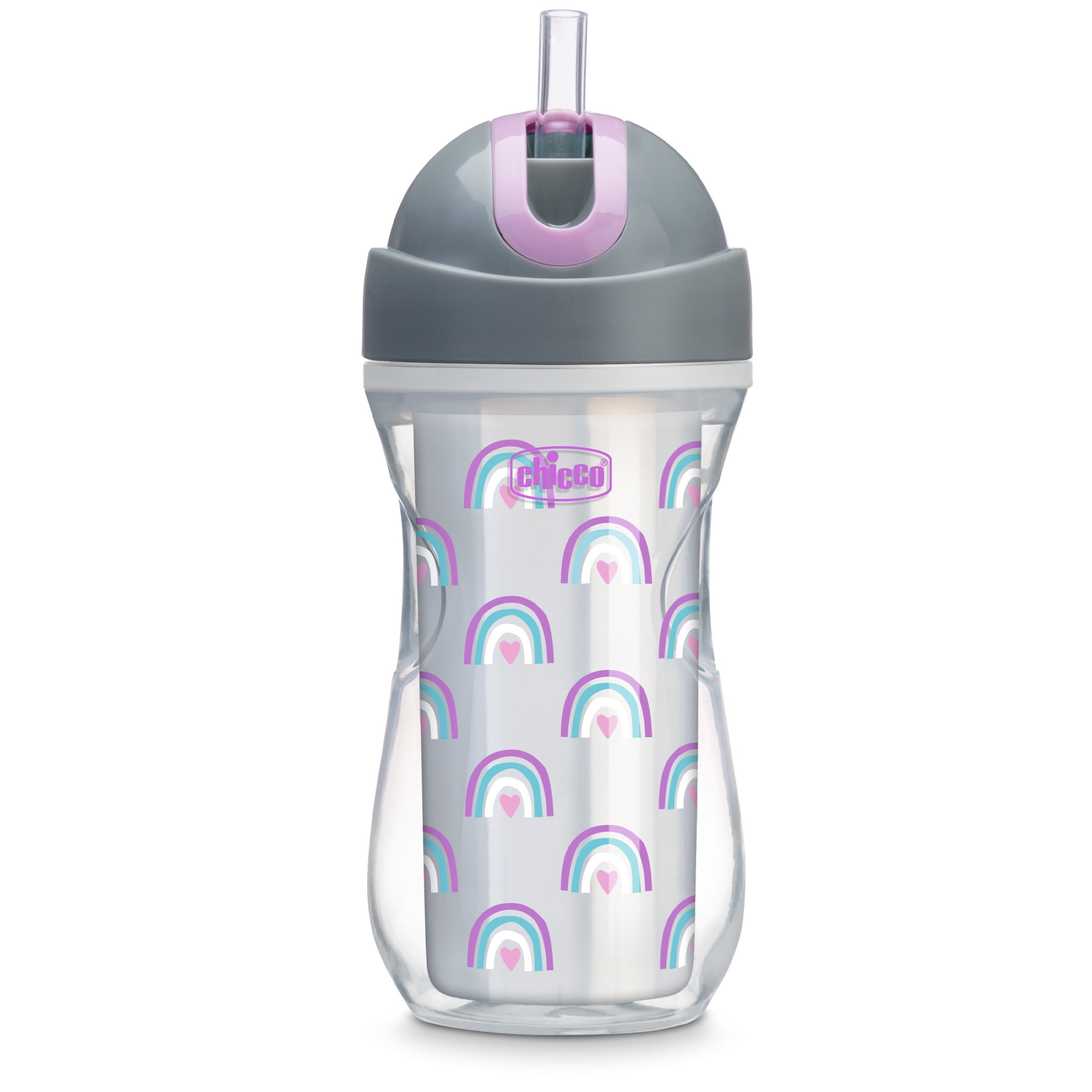 Chicco Insulated Flip-Top Straw Cup 9oz, Silver/Purple Rainbow