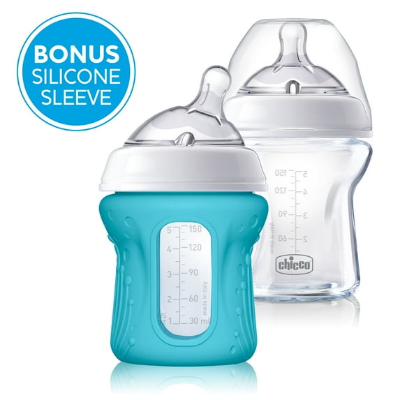 Chicco NaturalFit BPA-Free Glass Baby Bottle 0M+ 5oz 2-Pack with Bonus Sleeve