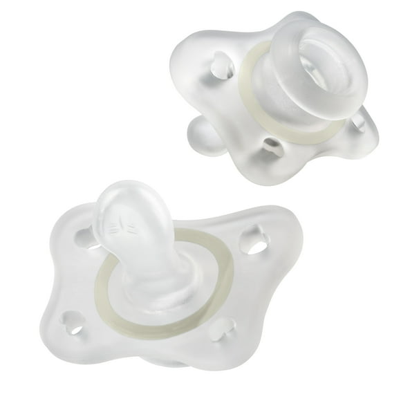Chicco PhysioForma 100% Soft Silicone Mini Glow-in-the-Dark One-Piece Pacifier, Orthodontic Nipple Supports Breathing, BPA & Latex Free, Reusable Sterilizing Case, 2-6 Months, 2pk - Clear, New