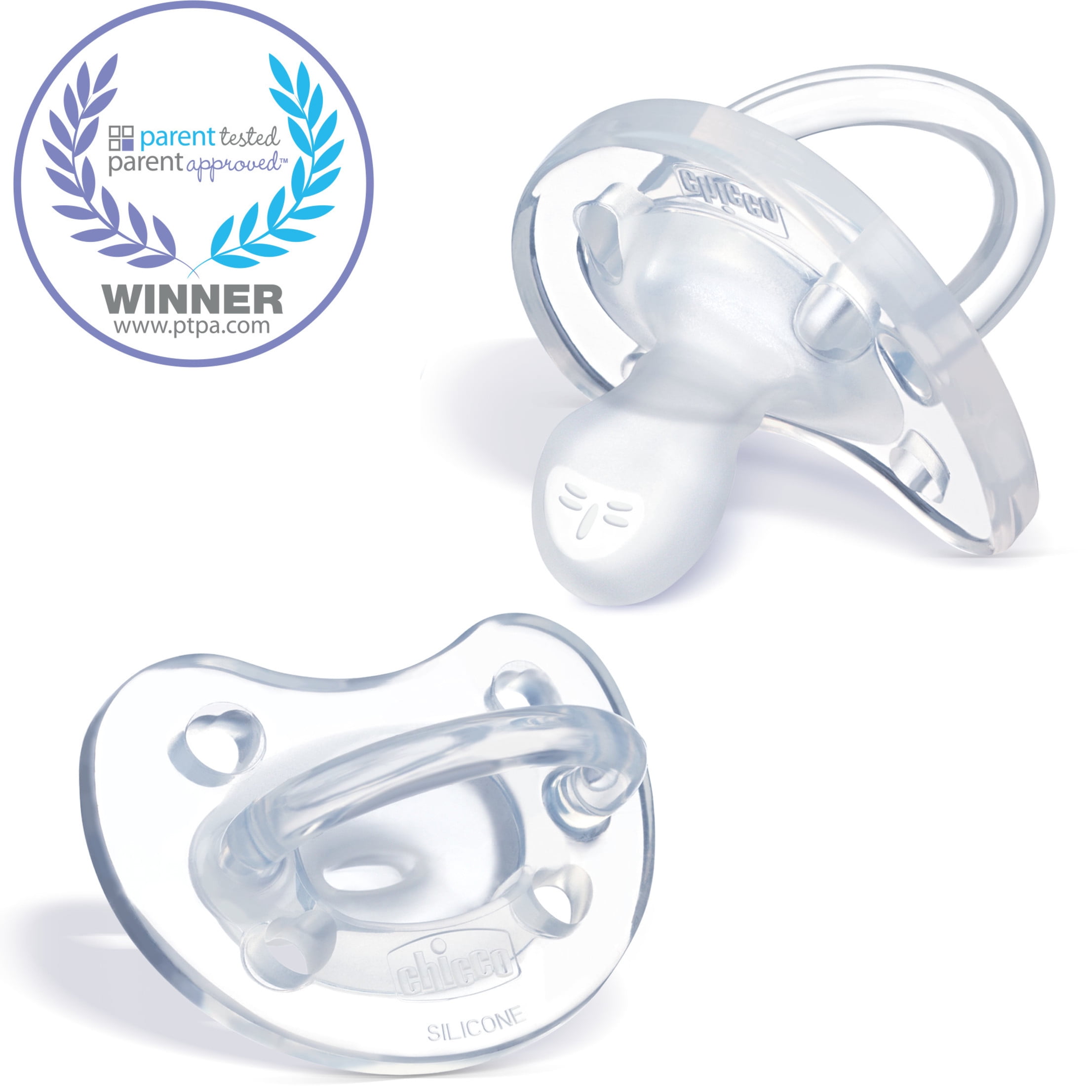 Chicco PhysioForma® Orthodontic One-Piece Silicone Pacifier, 2-Pack, 6-16m - Clear, New