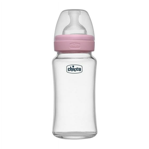 Chicco Well-Being Glass Feeding Bottle for Babies (240ml, Medium Flow) | Premium Borosilicate Glass for High Durability | Elongated Teat for Correct Latch | Comes with Anti-Spill Cap | BPA Free (Pink)