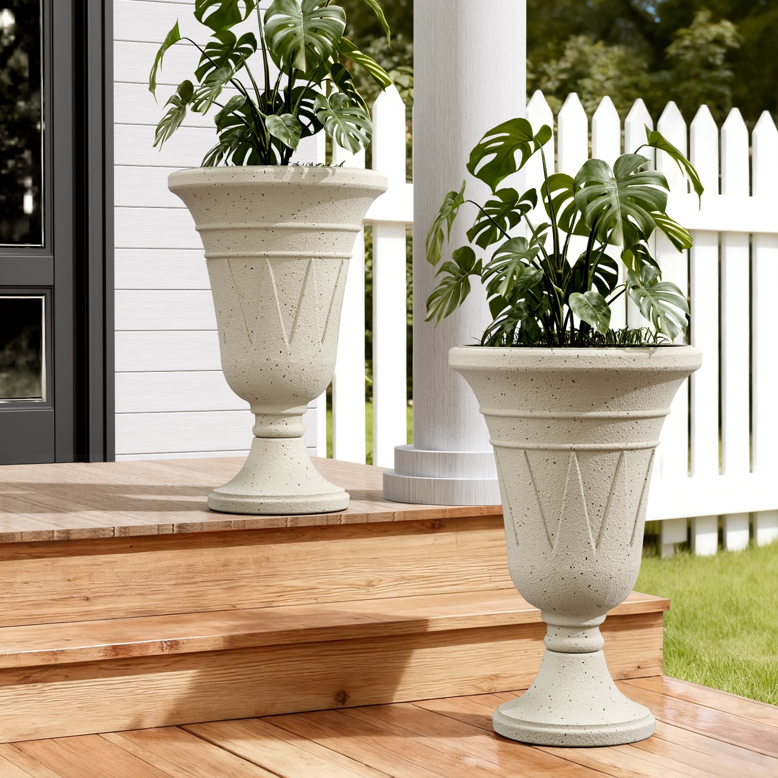 Chiccushion 23.6" Large Urn Planters for Outdoor Plants, Set of 2 Plastic Flower Pot for Wedding Party Bridal Shower Garden Patio Home Decor, off-White