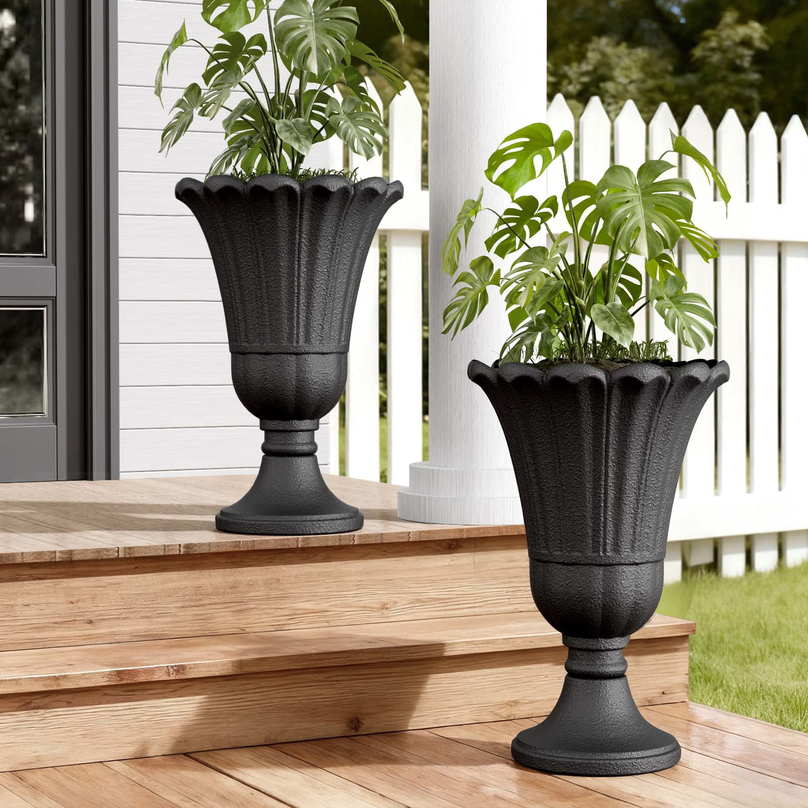 Chiccushion 23.6" Large Urn Planters for Outdoor Plants, Set of 2 Plastic Flower Pot for Wedding Party Bridal Shower Garden Patio Home Decor, Black
