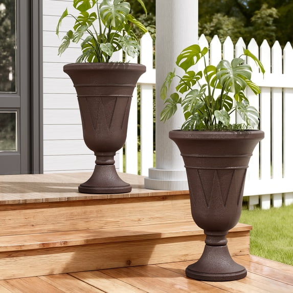 Chiccushion 23.6" Large Urn Planters for Outdoor Plants, Set of 2 Plastic Flower Pot for Wedding Party Bridal Shower Garden Patio Home Decor, Brown