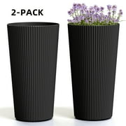 Chiccushion 23.6 inch Tall Planter Set of 2, Large Plastic Round Planter for Outdoor Indoor Garden Patio Front Door, Black