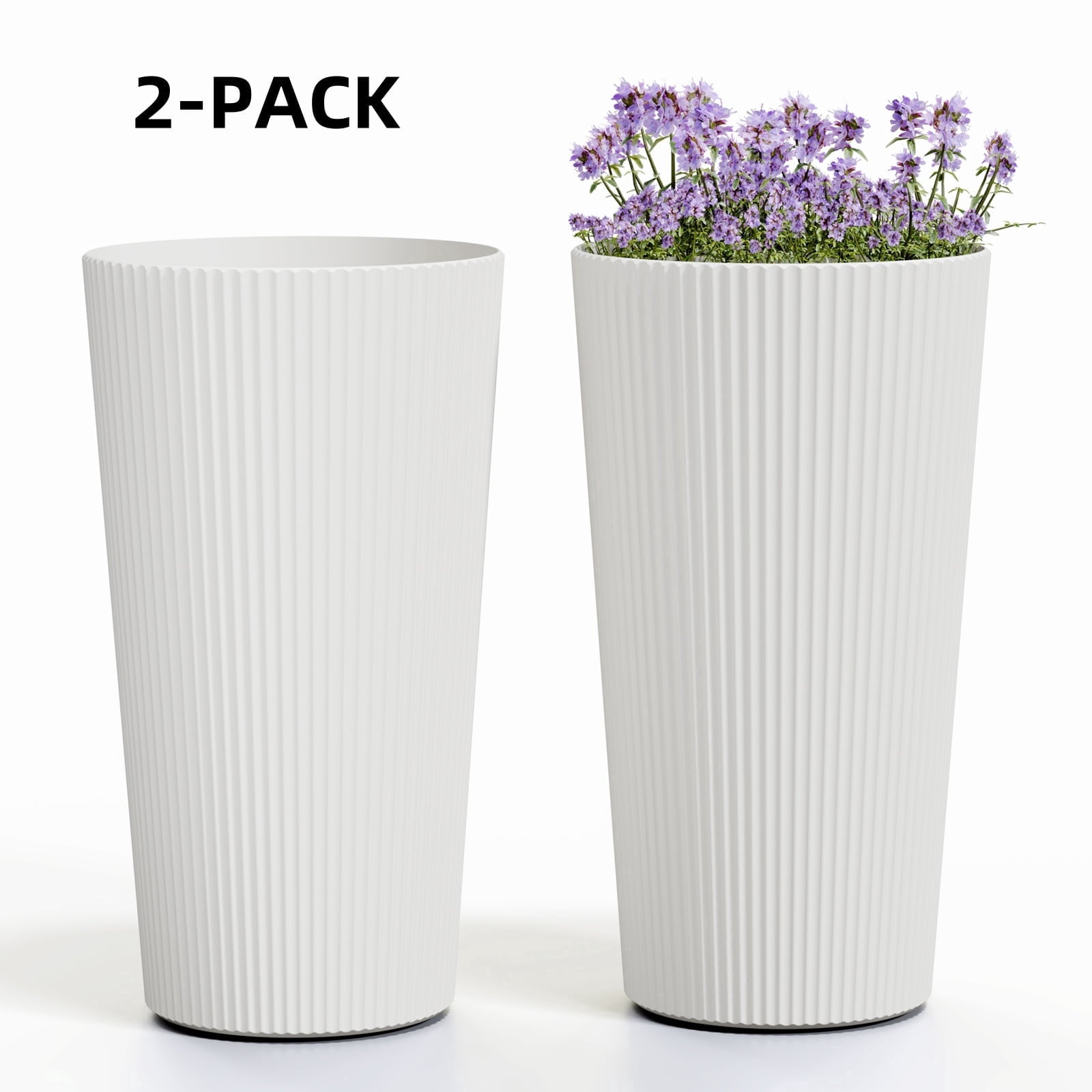 Chiccushion 23.6 inch Tall Planter Set of 2, Large Plastic Round Planter for Outdoor Indoor Garden Patio Front Door, White