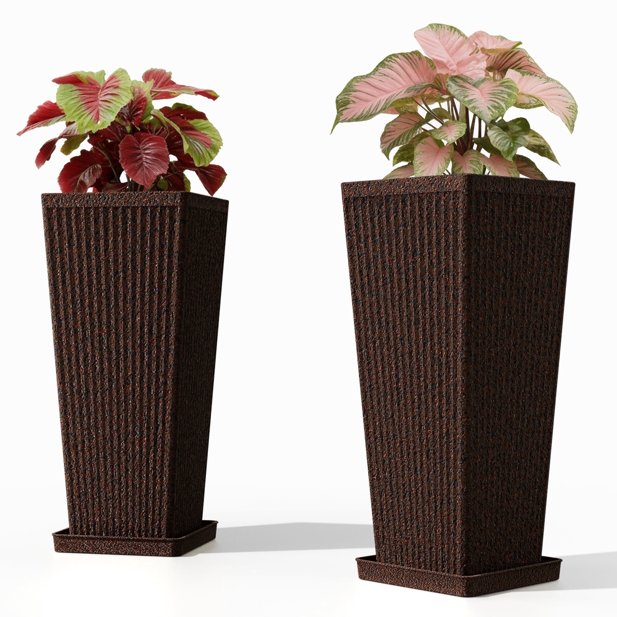 Chiccushion 23.6 inch Tall Planter Set of 2, Large Plastic Round Planter for Outdoor Indoor Garden Patio Front Door, Brown