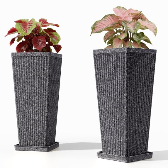 Chiccushion 23.6 inch Tall Planter Set of 2, Large Plastic Round Planter for Outdoor Indoor Garden Patio Front Door, Gray