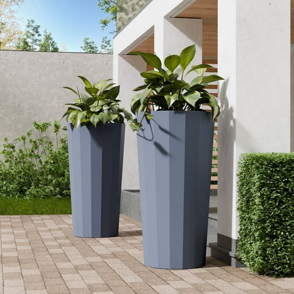 Chiccushion 23.6 inch Tall Planter Set of 2, Large Plastic Round Planter for Outdoor Indoor Garden Patio Front Door, Gray