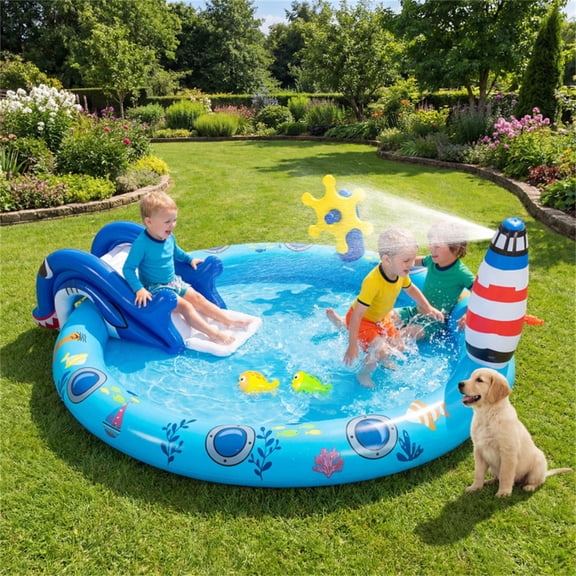 Chiccushion 74" Inflatable Swimming Pools Fun Play Pool With Shark Slide And Lighthouse Sprinkler for Backyard Outdoor Summer Leisure Use