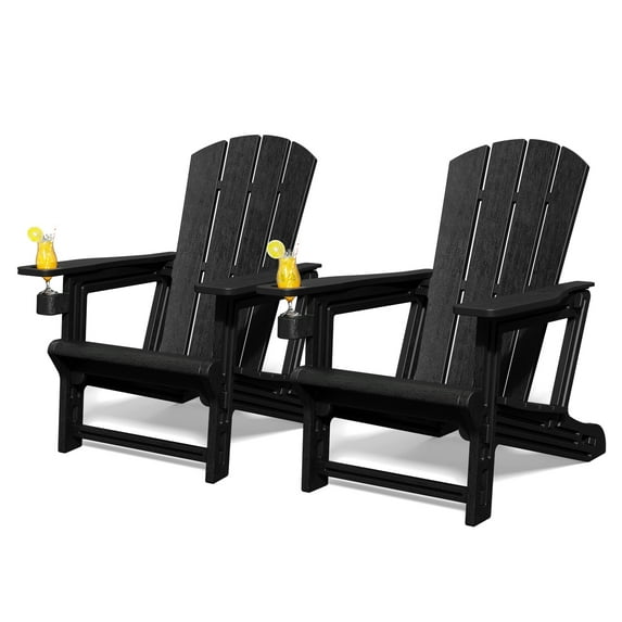 Chiccushion Adirondack Chair Set of 2, HDPE Adirondack Chair with Cup Holder, Black