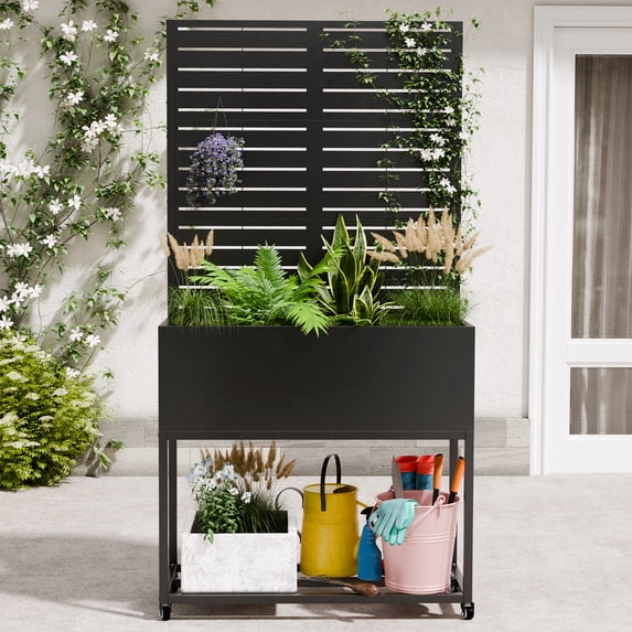 Chiccushion Metal Planter with Trellis, Outdoor Raised Garden Bed with Privacy Screen for Climbing Plants, Trellis Planter Box with Drainage Hole, Black