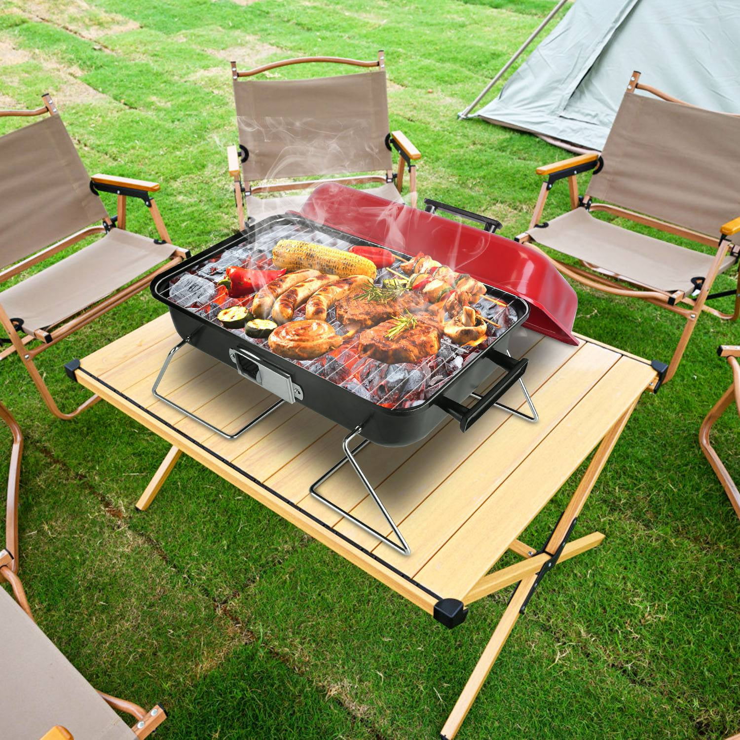 Chiccushion Portable Charcoal Grill, Small Tabletop BBQ Smoker with Lid for Backyard, Camping, and Beach