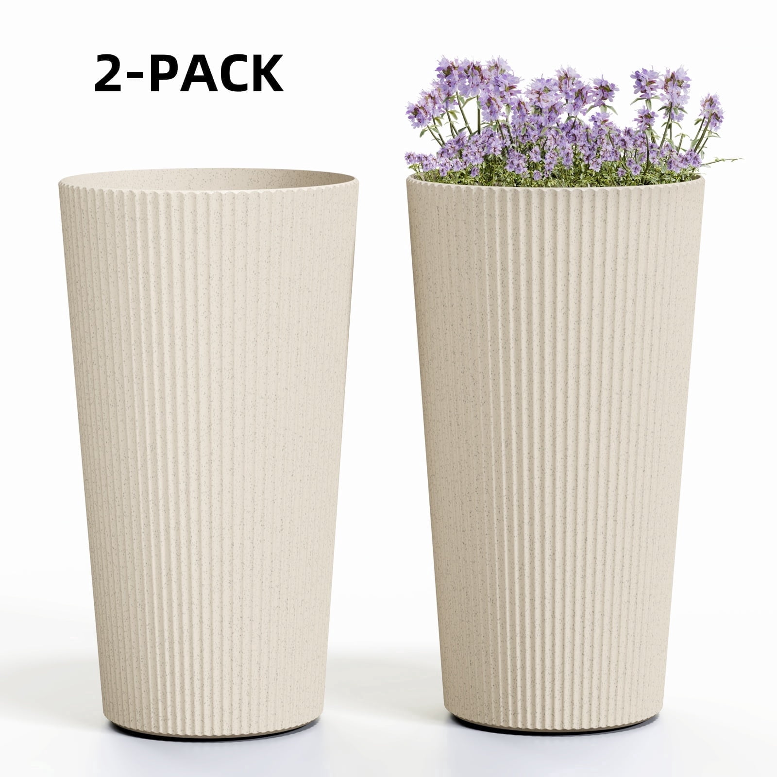 Chiccushion Tall Round Planter Set of 2, 23.6 Inch Tall Decorative Planter Pots for Outdoor Indoor Garden Patio Front Porch, Beige