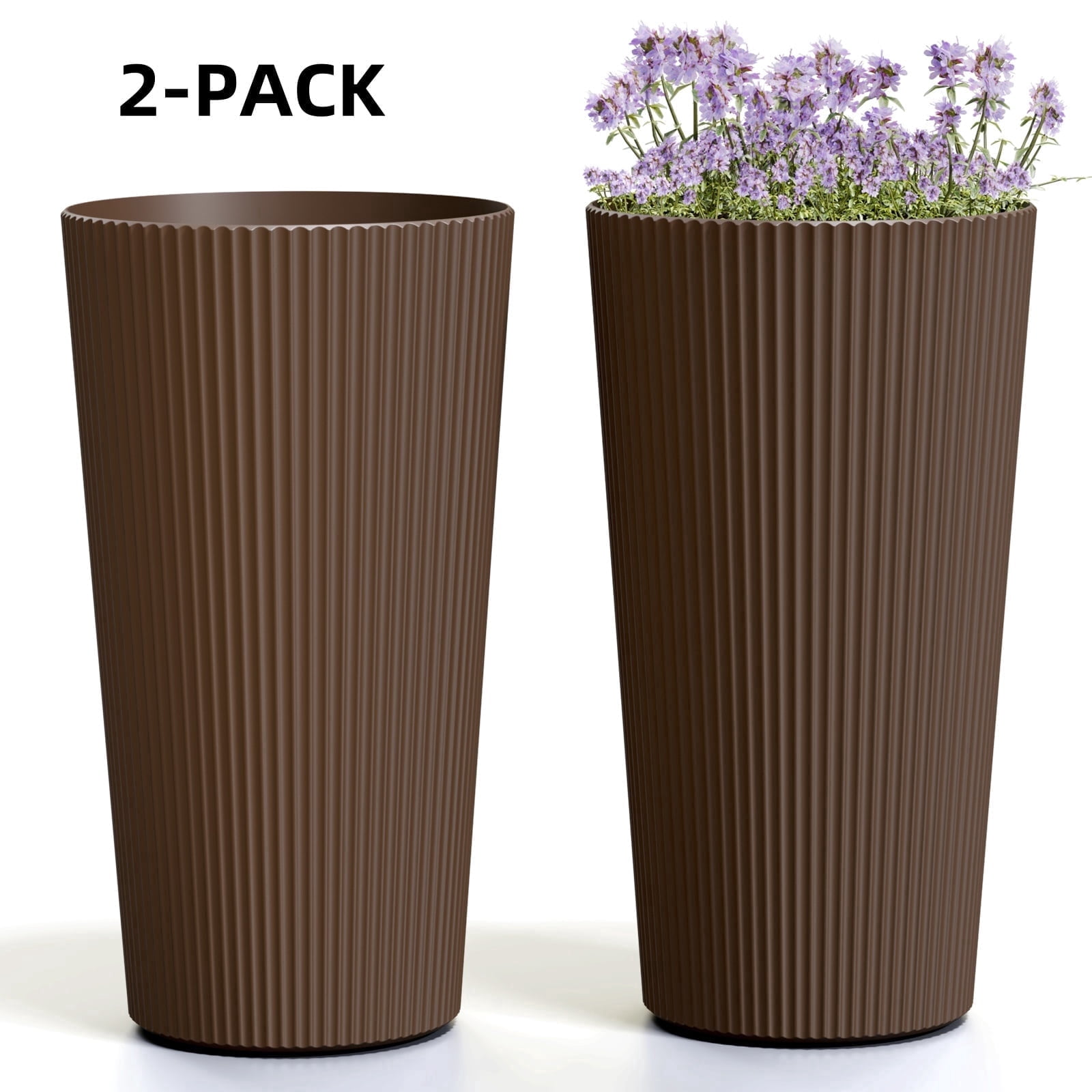 Chiccushion Tall Round Planter Set of 2, 23.6 Inch Tall Decorative Planter Pots for Outdoor Indoor Garden Patio Front Porch, Brown
