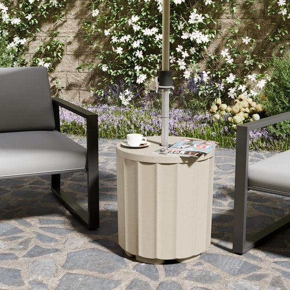 Chiccushion Umbrella Side Table, Patio Umbrella Base with 1.5 inch Hole, Fade & Scratch Resistant Lounger Table for Outdoor, Pool, Picnic, Beige
