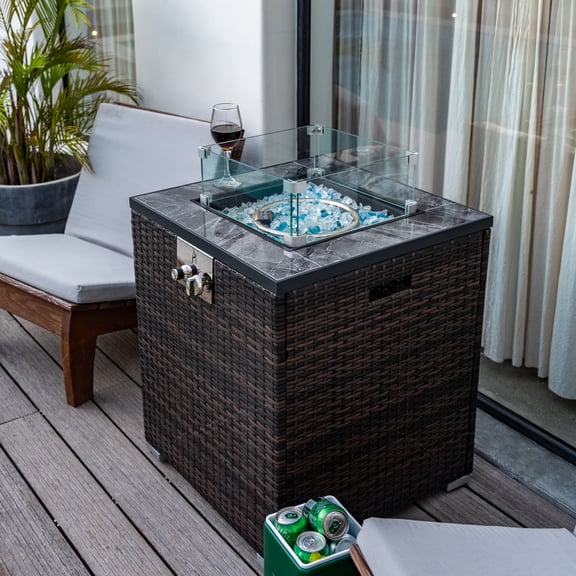 Chicdaze 24in Outdoor Propane Gas Fire Pit Table, 50,000 BTU Auto-Ignition Gas Firepit with Glass Wind Guard, Marble Tile Tabletop, Mixed Color Glass Rocks, Brown PE Rattan