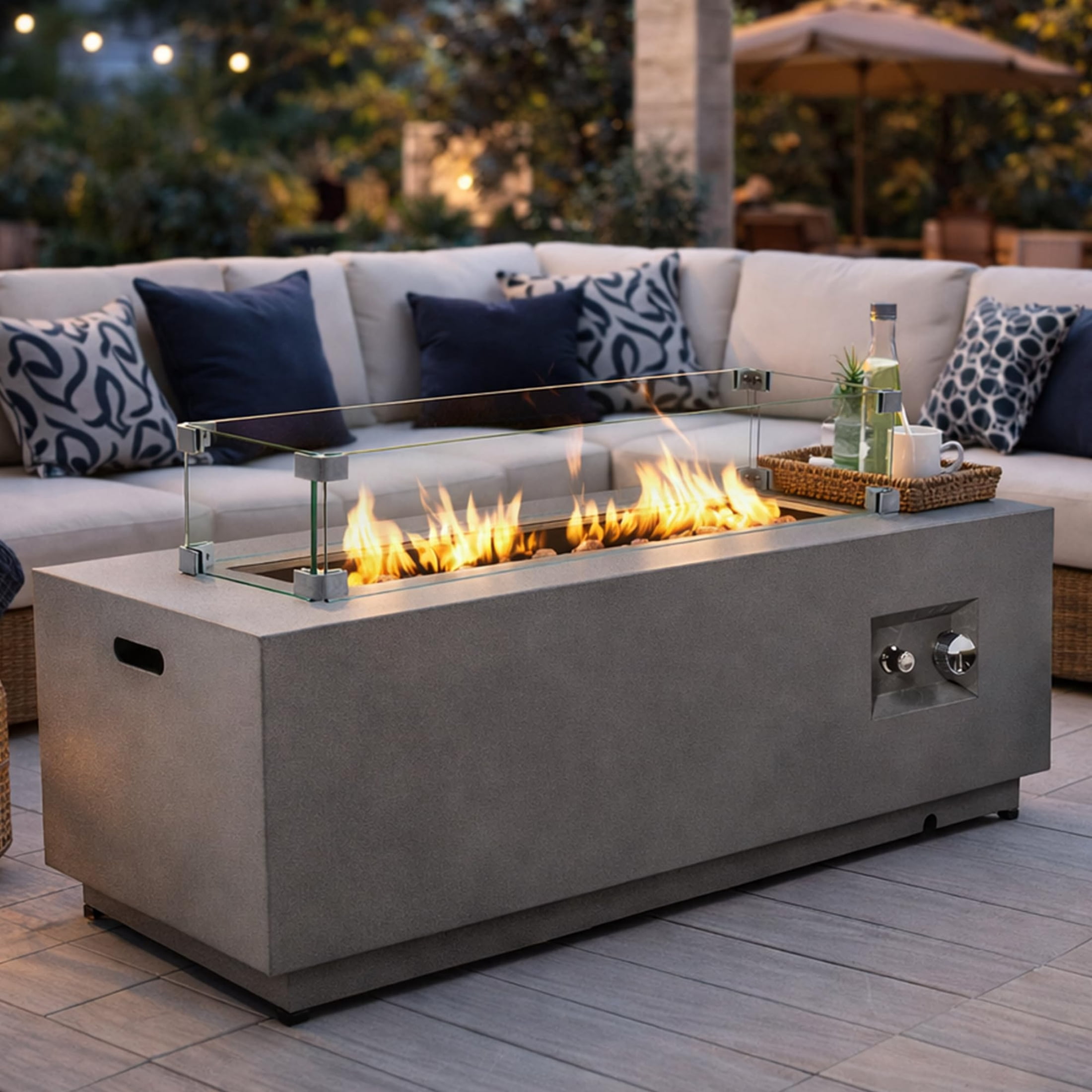 Chicdaze 42" Outdoor Propane Fire Pit Table, 50,000 BTU Rectangle Natural Gas Firepit with Tank Table, No Assembly Low Profile Fire Table for Outside Patio & Backyard, CSA Certified