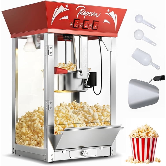 Chicdaze Popcorn Machine - 12oz Popper with Stainless-Steel Kettle, Reject Kernel Tray, Warming Light, and Accessories by Great Northern Popcorn (Red)
