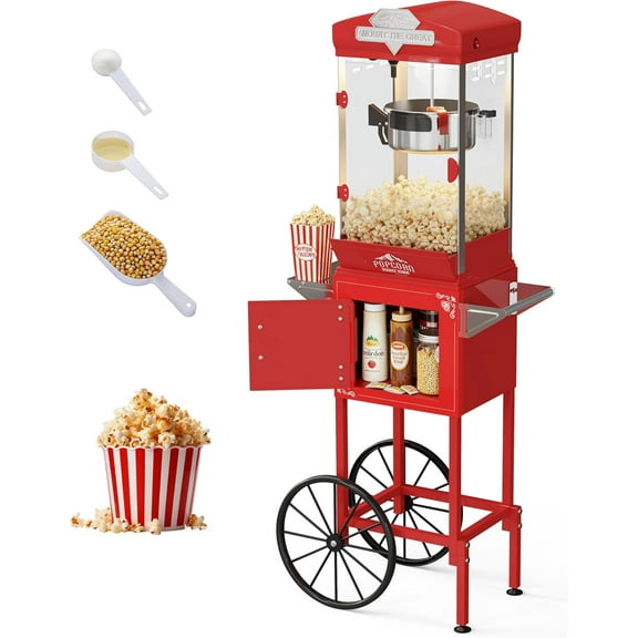 Chicdaze Popcorn Machine with 10 oz Kettle, Makes up to 50 Cups, Vintage-Style Popper with Cart on Wheels for Home,Red