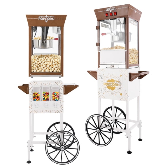 Chicdaze Retro Popcorn Machine with Rolling Cart, 12oz Pot, 3 Candy Boxes, Independent Control Switches, White and Brown Vintage Style