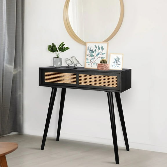 Chicgrowth 31" Console Table, Modern Console Tables for Entryway, Small Rattan Entryway Table, Vanity Desk Rattan Dresser for Bedroom, Living Room, Side Table, Entry Table, Narrow Console Table, Black