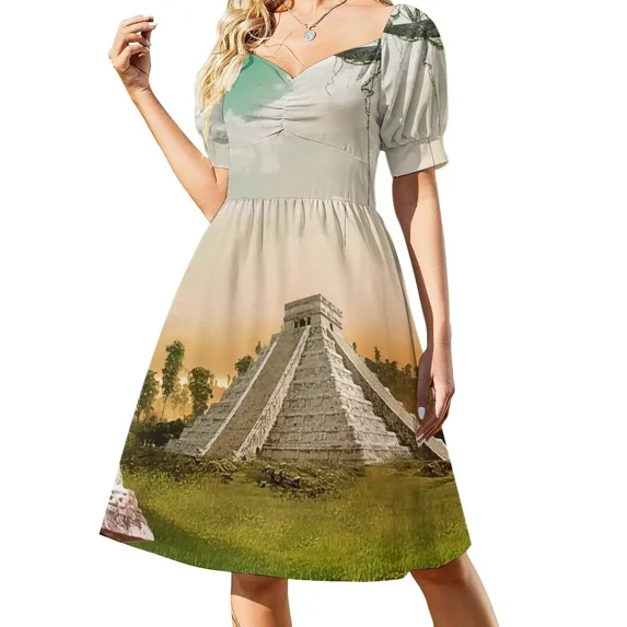 Chichen Itza Mayan Short-Sleeved Dress summer women's dress02 festival outfit women Cocktail of dresses