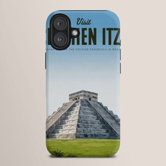 Chichen Itza Pyramid Travel Poster Tough Phone Case, Blue and Green, Polycarbonate and TPU, for Apple iPhone