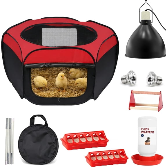 Chick Brooder Box, 7 Pcs Starter Kit Chicken Feeder and Waterer Set with 75W Heat Lamp, Perch Stand to 15 Chicks, Duck, Quail
