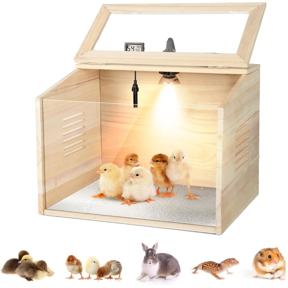 Chick Brooder Box Chick Starter Kit,Poultry Brooder Wooden with Thermometer and Heat Lamp,Basking lamp Baby Chicks Supplies for Duck Quail Hamsters Lizards and Small Animals