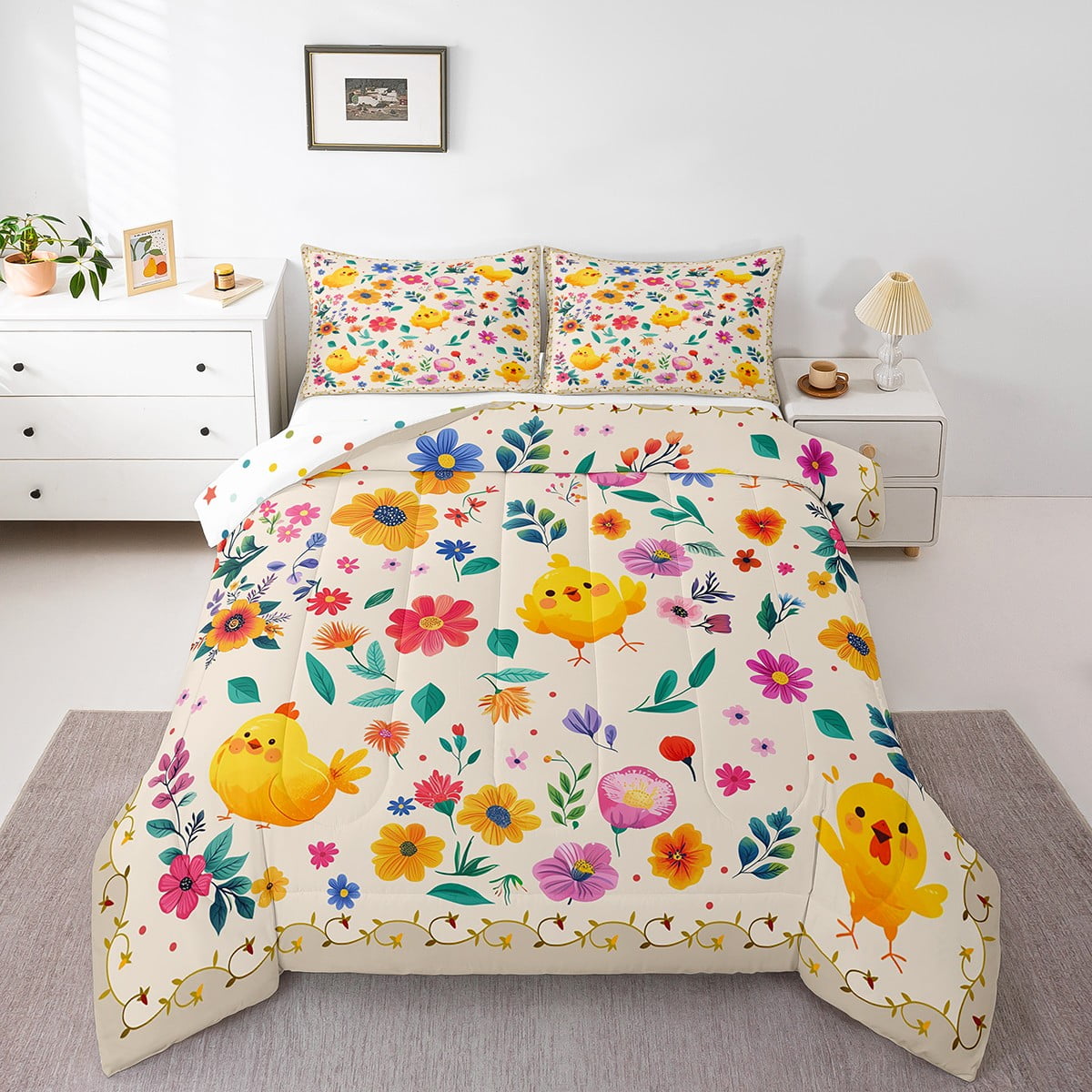 Chick Comforter Set Boho Floral King Bedding Set,Rainbow Wildflower