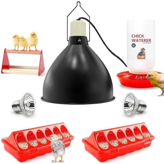 Chick Heat Lamp, 5 Pcs Chick Starter Kit with Chick Feeder and Waterer Set, Chick Stand Perch, Baby Chicken Supplies for Baby Chick, Duck and Quail$$Garden & Patio