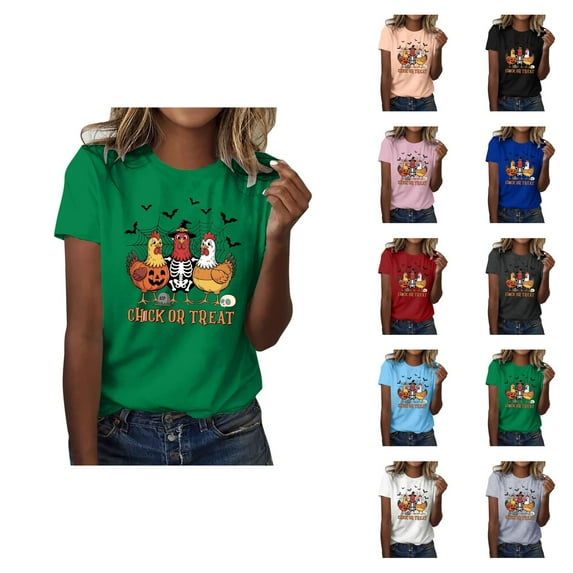 Chick Or Treat Halloween Tshirts Women 2025 Short Sleeve Crewneck Funny Graphic Halloween Shirts for Women