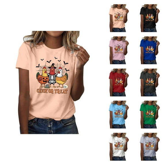 Chick Or Treat Halloween Tshirts Women 2025 Short Sleeve Crewneck Funny Graphic Halloween Shirts for Women