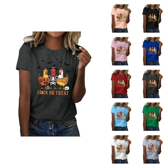Chick Or Treat Halloween Tshirts Women 2025 Short Sleeve Crewneck Funny Graphic Halloween Shirts for Women