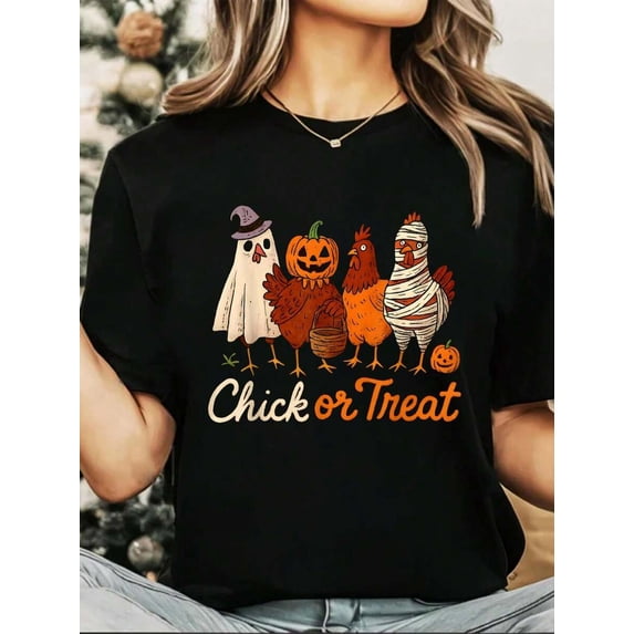 Chick Or Treat Halloween Witch Spooky Chicken T-Shirt Halloween Graphic Tee All Season Casual Wear Soft And Comfortable