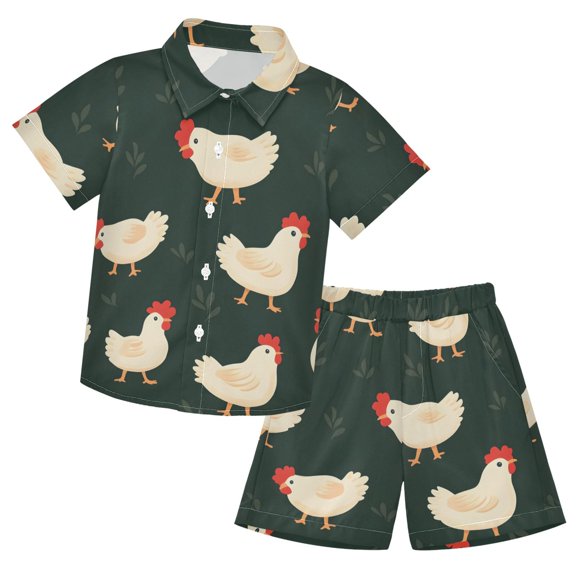 Chick Pattern Boys' Hawaiian Shorts Sets Button Down Shirts 3T-10Y for Beach Vacation