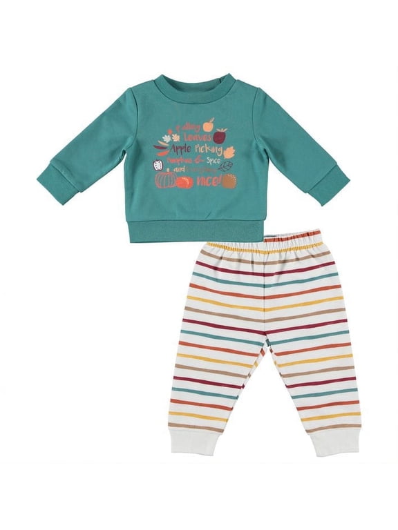 Boy 2 PC Jogger Set Apple Picking Turquoise Top stripe pants Size 12 Months